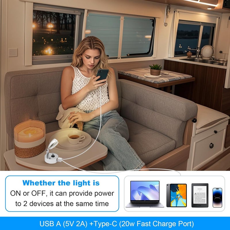 WTNYOU 2-PCS RV Reading Lights 12V Interior with USB-A & USB-C Charging Ports, Rotatable Camper LED Light Fixture, RV Bedside Light for Motorhome, Camper, Travel Traile, Boat and Van - Image 2